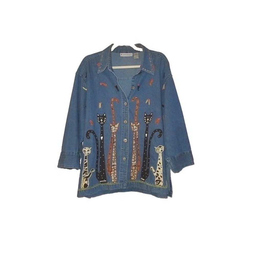 Vtg Dressbarn Kitschy Cats Denim Shirt Size 3X Embroidered Appliqué Countrycore